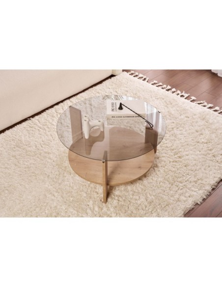 Mesa de Centro RITA, MDF Acabado Roble Zafiro / Cristal Ahumado