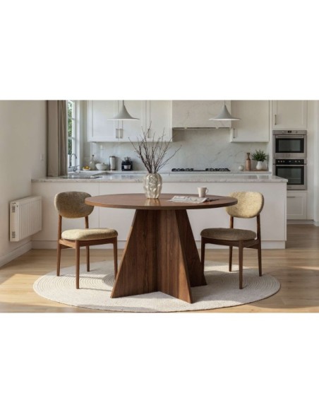 Mesa KALI Ø120 cm de Comedor, MDF Acabado Nogal