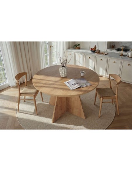 Mesa KALI Ø120 cm de Comedor, MDF Acabado Roble