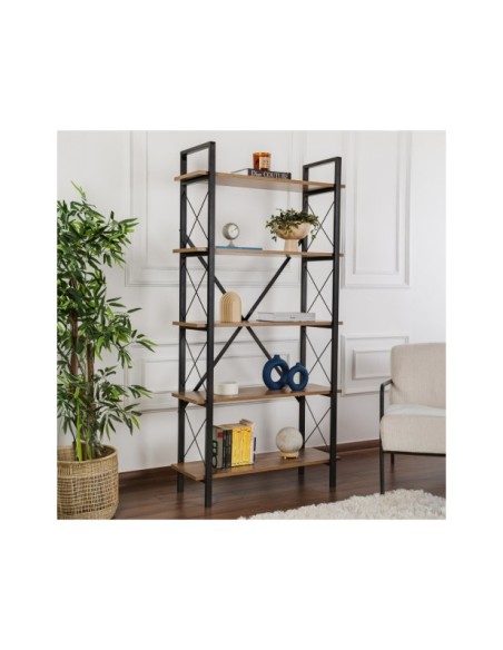 Estantería OBELISK 180x90 cm, MDF Acabado Nogal / Metal Negro