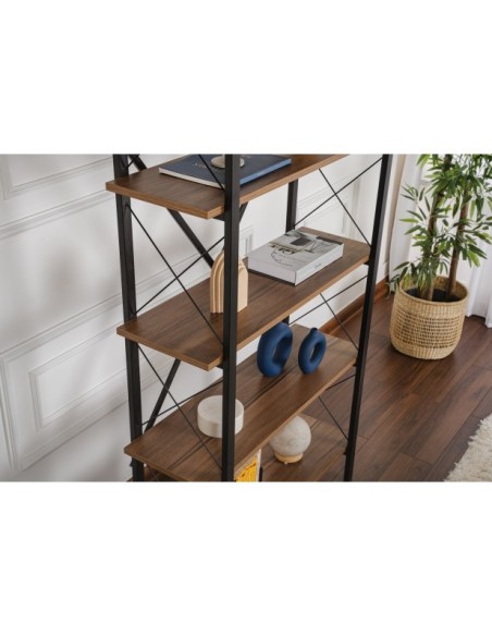 Estantería OBELISK 180x90 cm, MDF Acabado Nogal / Metal Negro