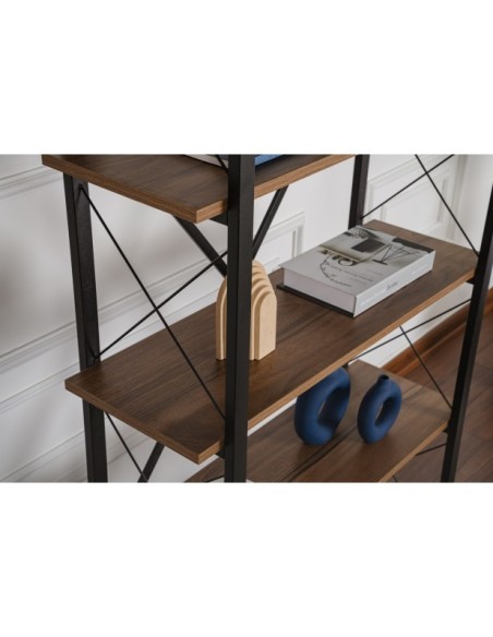 Estantería OBELISK 180x90 cm, MDF Acabado Nogal / Metal Negro