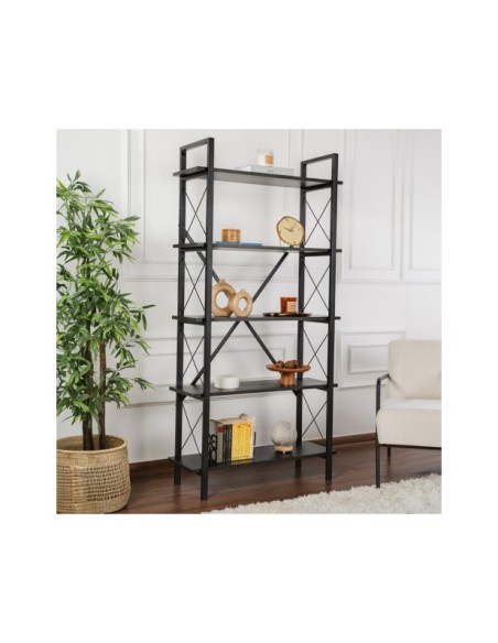 Estantería OBELISK 180x90 cm, MDF Acabado Madera Negra / Metal Negro