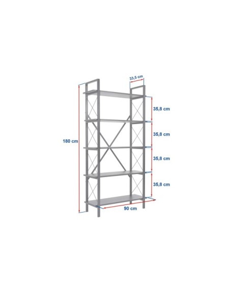 Estantería OBELISK 180x90 cm, MDF Acabado Madera Negra / Metal Negro