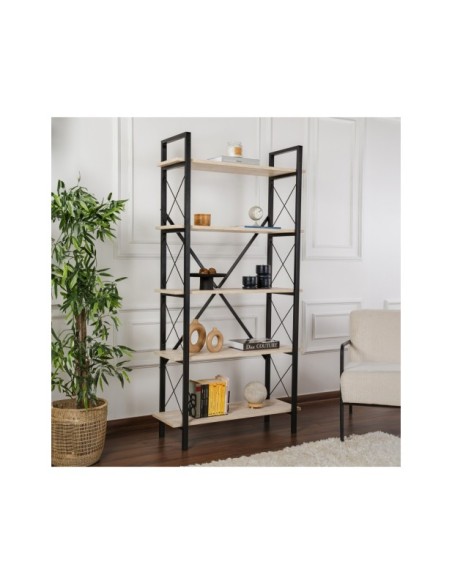 Estantería OBELISK 180x90 cm, MDF Acabado Mármol / Metal Negro