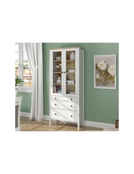 Vitrina Aparador con 3 Cajones VISE 194x83 cm, MDF Acabado Blanco