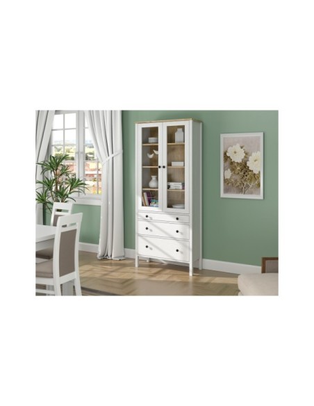 Vitrina Aparador con 3 Cajones VISE 194x83 cm, MDF Acabado Blanco