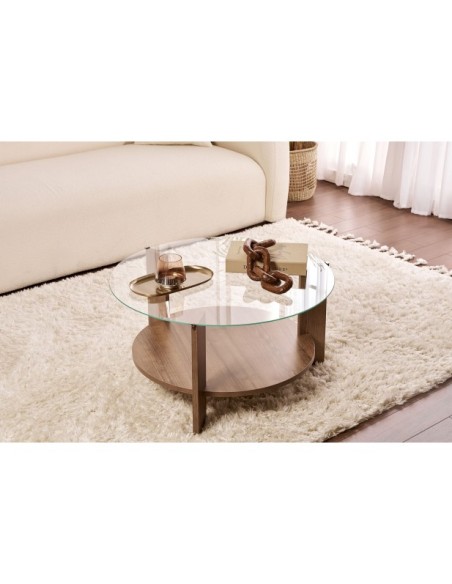 Mesa de Centro RITA, MDF Acabado Nogal / Cristal Transparente