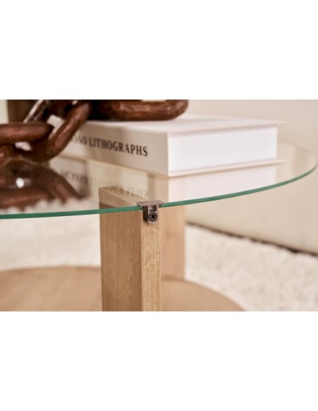 Mesa de Centro RITA, MDF Acabado Roble Zafiro / Cristal Transparente