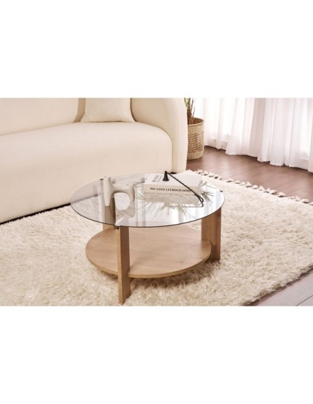 Mesa de Centro RITA, MDF Acabado Roble Zafiro / Cristal Ahumado