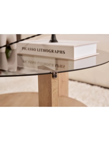 Mesa de Centro RITA, MDF Acabado Roble Zafiro / Cristal Ahumado