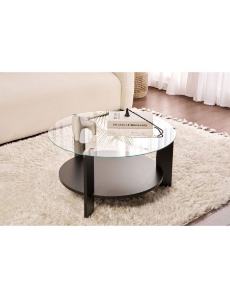 Mesa de Centro RITA, MDF Acabado Madera Negra / Cristal Transparente