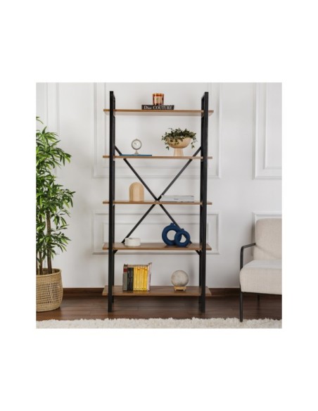 Estantería OBELISK 180x90 cm, MDF Acabado Nogal / Metal Negro