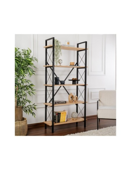 Estantería OBELISK 180x90 cm, MDF Acabado Roble / Metal Negro