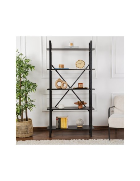 Estantería OBELISK 180x90 cm, MDF Acabado Madera Negra / Metal Negro