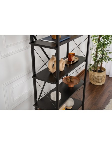 Estantería OBELISK 180x90 cm, MDF Acabado Madera Negra / Metal Negro