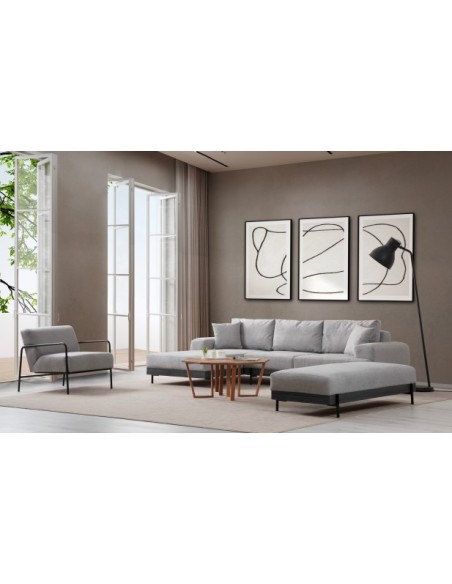 Sofá Esquinero FREI NEGRO (Izquierdo) 280x170 cm, Textil Gris / Madera de Haya / Metal