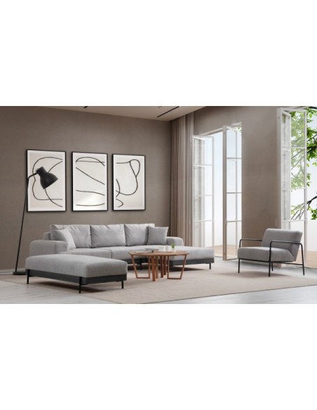 Sofá Esquinero FREI NEGRO (Derecho) 280x170 cm, Textil Gris / Madera de Haya / Metal