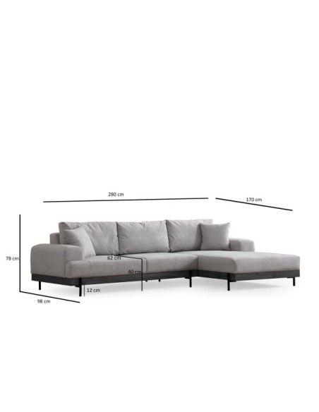 Sofá Esquinero FREI NEGRO (Derecho) 280x170 cm, Textil Gris / Madera de Haya / Metal