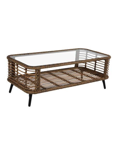 Mesa de Centro Exterior COVELO 122x61 cm, Ratán sintético, Cristal / Natural - Brafab