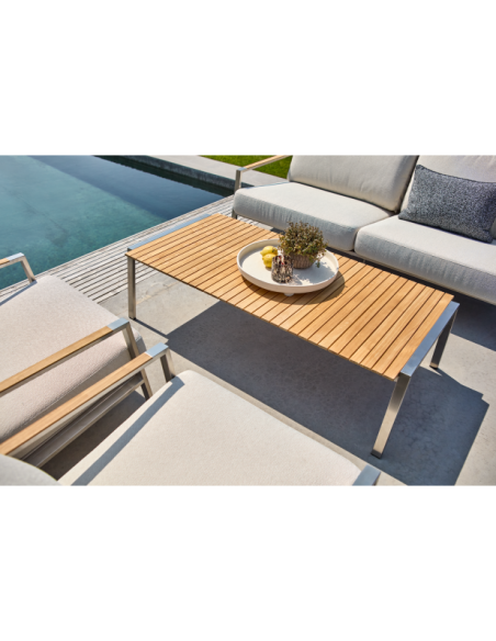 Mesa de Centro Exterior NAOS 140x75 cm, Acero Inox, Madera de Teca / Natural - Brafab