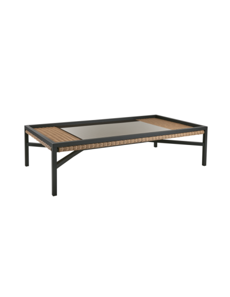 Mesa de Centro Exterior SHELL 150x80 cm, Aluminio, Ratán sintético, Cristal / Rústico / Negro - Brafab