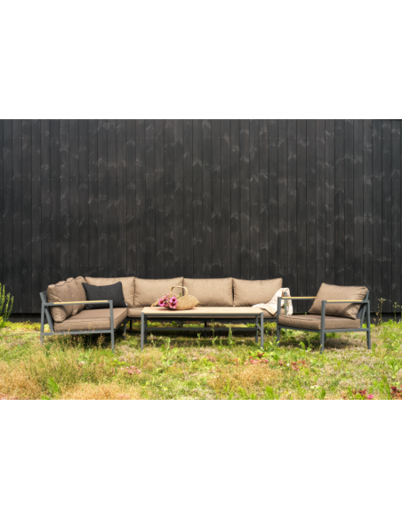 Set Sofá 214x279x81 cm y Mesa de Centro CAP, Aluminio, Textilene, Madera Sintética / Antracita / Marrón - Brafab