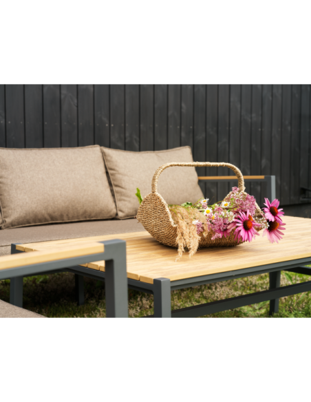 Set Sofá 214x279x81 cm y Mesa de Centro CAP, Aluminio, Textilene, Madera Sintética / Antracita / Marrón - Brafab