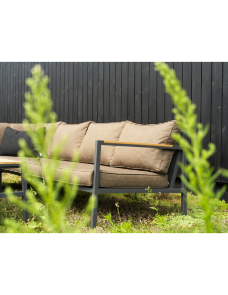 Set Sofá 214x279x81 cm y Mesa de Centro CAP, Aluminio, Textilene, Madera Sintética / Antracita / Marrón - Brafab