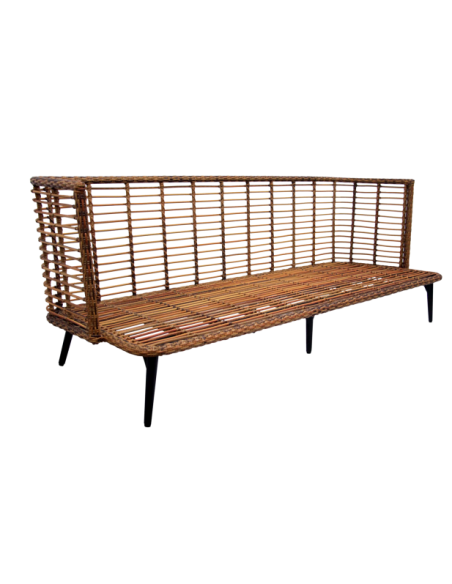 Sofá 3 Plazas Exterior COVELO, Ratán Sintético, Olefina / Natural / Negro - Brafab