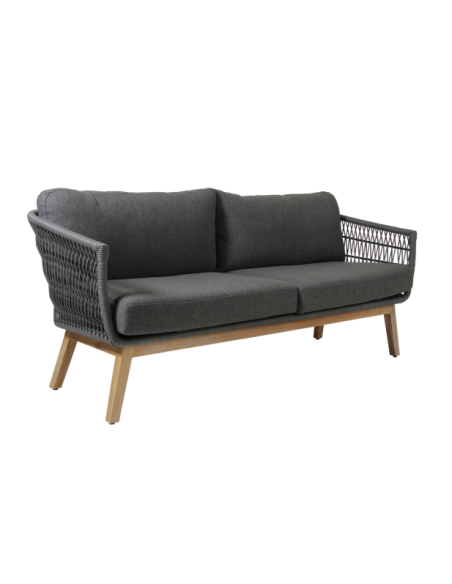 Sofá 3 Plazas Exterior KENTON, Ratán Sintético, Madera de Teca / Gris - Brafab