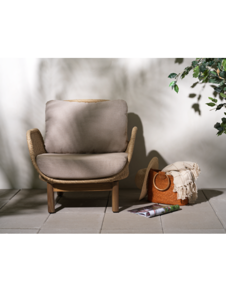 Sillón Exterior LILY, Aluminio, Ratán Sint, Madera de Teca / Beige - Brafab