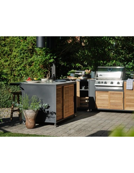 Cocina Exterior FORNAX Encimera Grande, Aluminio / Teca Natural / Negro - Brafab