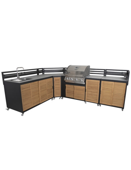 Cocina Exterior FORNAX Módulo Esquina, Aluminio / Teca Natural / Negro - Brafab