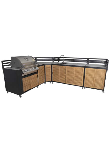 Cocina Exterior FORNAX Módulo Esquina, Aluminio / Teca Natural / Negro - Brafab