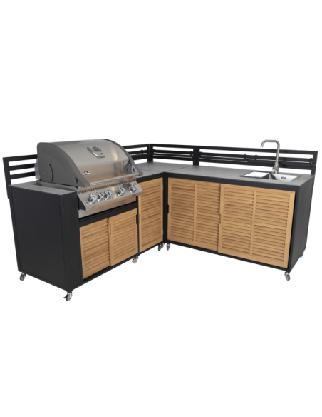 Cocina Exterior FORNAX Módulo Esquina, Aluminio / Teca Natural / Negro - Brafab