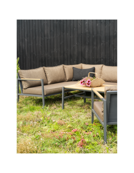 Set Sofá 214x279x81 cm y Mesa de Centro CAP, Aluminio, Textilene, Madera Sintética / Antracita / Marrón - Brafab