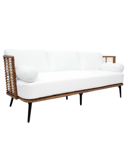 Sofá 3 Plazas Exterior COVELO, Ratán Sintético, Olefina / Natural / Negro - Brafab