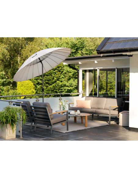 Set Exterior Sofá 3 Plazas y 2 Sillones NOVA, Aluminio, Poliéster Reciclado, Teca / Gris Antracita / Taupé - Brafab