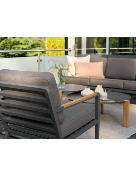Set Exterior Sofá 3 Plazas y 2 Sillones NOVA, Aluminio, Poliéster Reciclado, Teca / Gris Antracita / Taupé - Brafab