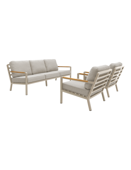 Set Exterior Sofá 3 Plazas y 2 Sillones NOVA, Aluminio, Poliéster Reciclado, Teca / Beige - Brafab