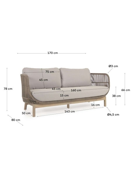 Sofá Catalina 3 plazas cuerda beige/acacia 170 cm FSC - Kave Home