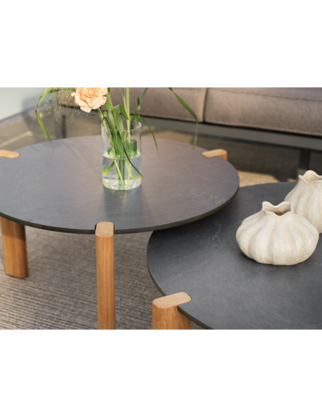 Mesa de Centro Exterior DOMINO Ø70 cm, Laminado, Madera de Teca / Antracita / Natural - Brafab