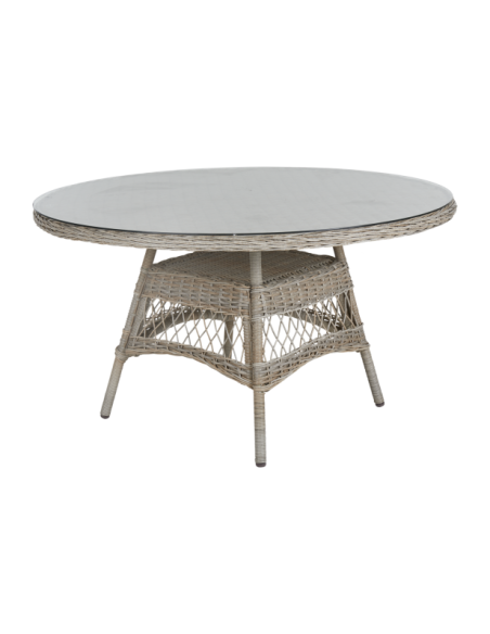 Mesa Exterior KAMOMILL Ø130 cm de Comedor, Ratán sintético, Cristal / Beige - Brafab
