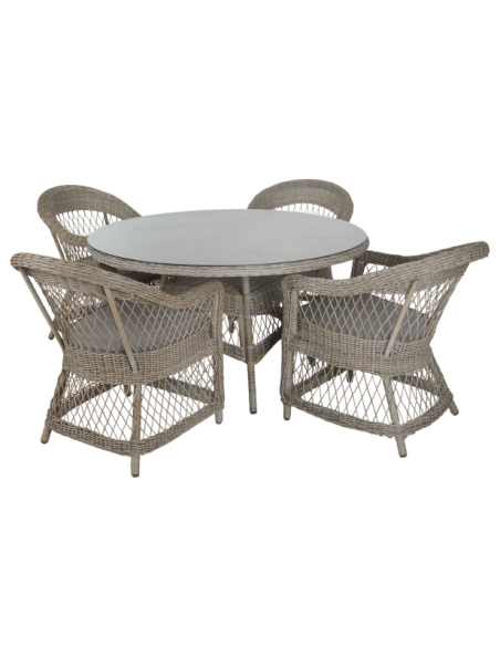 Mesa Exterior KAMOMILL Ø130 cm de Comedor, Ratán sintético, Cristal / Beige - Brafab
