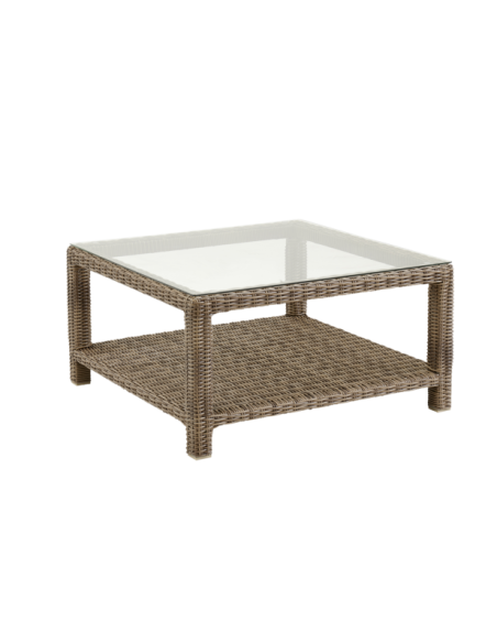 Mesa de Centro Exterior NINJA 90x90 cm, Ratán sintético, Cristal / Natural Rústico - Brafab