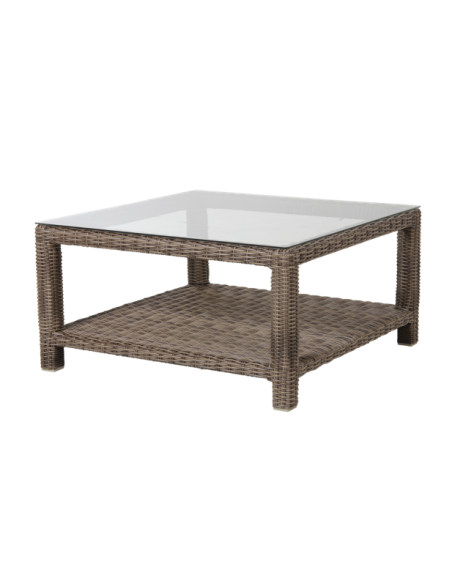 Mesa de Centro Exterior NINJA 90x90 cm, Ratán sintético, Cristal / Natural Rústico - Brafab