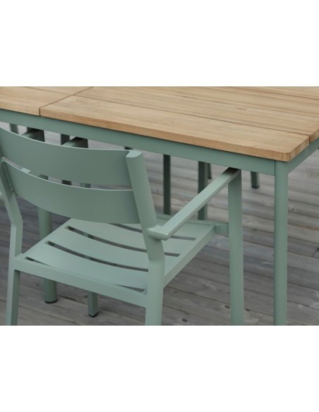 Mesa Exterior NOX 240x90 cm de Comedor, Aluminio, Madera de Teca FSC / Verde Empolvado / Natural - Brafab