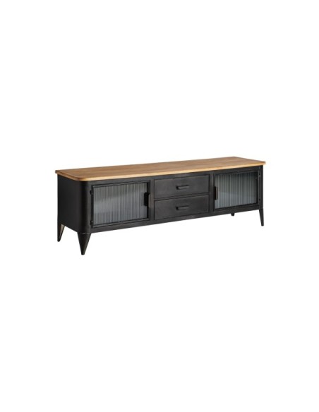 Mueble TV EASBY, Hierro, Vidrio, Madera / Negro, Marrón - Kodu Home Design