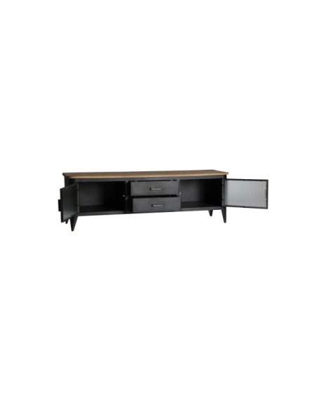 Mueble TV EASBY, Hierro, Vidrio, Madera / Negro, Marrón - Kodu Home Design